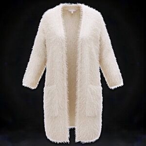 SJS Cream Eyelash Knit Longline Open Front Cardigan Sweater Womens 1X T7750XAP